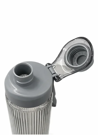 750ml Clear Ribbed Plastic Water Bottle with Carry Strap - Grey