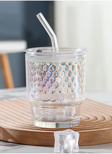 400ml Universal Colorful Iridescent Glass Cup with Dual-Purpose Lid &amp; Straw (D9 x H11)cm - Bubbles