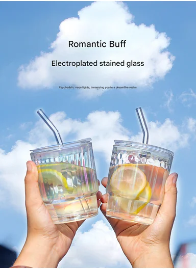 400ml Universal Colorful Iridescent Glass Cup with Dual-Purpose Lid &amp; Straw (D9 x H11)cm - Bubbles