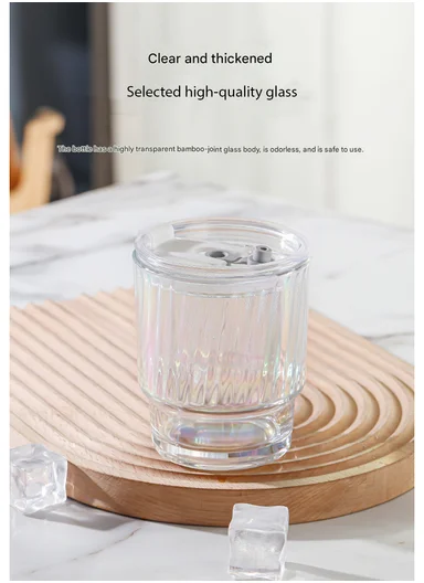 400ml Universal Colorful Iridescent Glass Cup with Dual-Purpose Lid &amp; Straw (D9 x H11)cm - Bubbles