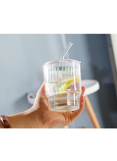 400ml Universal Colorful Iridescent Glass Cup with Dual-Purpose Lid &amp; Straw (D9 x H11)cm - Bubbles