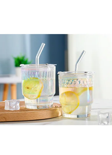 400ml Universal Colorful Iridescent Glass Cup with Dual-Purpose Lid &amp; Straw (D9 x H11)cm - Bubbles
