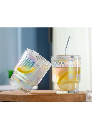 400ml Universal Colorful Iridescent Glass Cup with Dual-Purpose Lid &amp; Straw (D9 x H11)cm - Bubbles