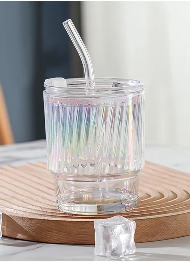 400ml Universal Colorful Iridescent Glass Cup with Dual-Purpose Lid &amp; Straw (D9 x H11)cm - Stripe