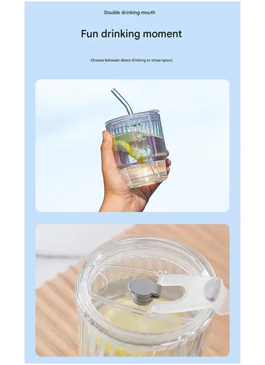 400ml Universal Colorful Iridescent Glass Cup with Dual-Purpose Lid &amp; Straw (D9 x H11)cm - Stripe