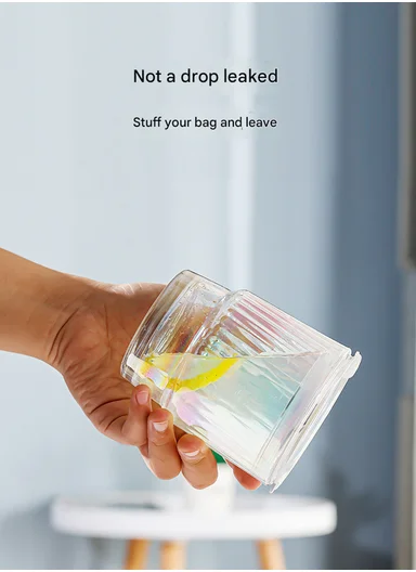 400ml Universal Colorful Iridescent Glass Cup with Dual-Purpose Lid &amp; Straw (D9 x H11)cm - Stripe