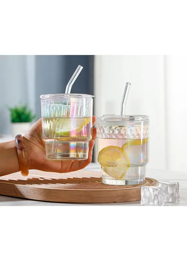 400ml Universal Colorful Iridescent Glass Cup with Dual-Purpose Lid &amp; Straw (D9 x H11)cm - Stripe