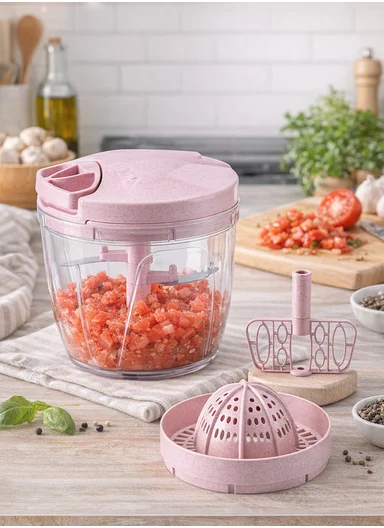 900ml Multi-Function Manual Food Chopper, Hand Pull Vegetable Shredder with Juicer &amp; Blender - Purple