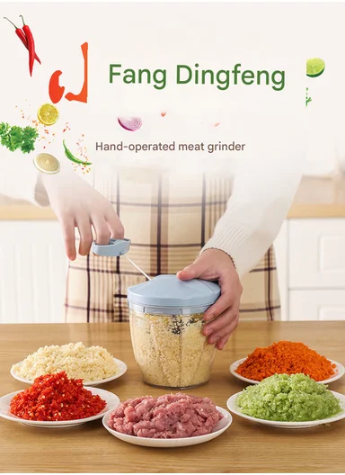 900ml Manual Hand Pull Food Chopper, Compact Vegetable Cutter with Stainless Steel Blades - Blue