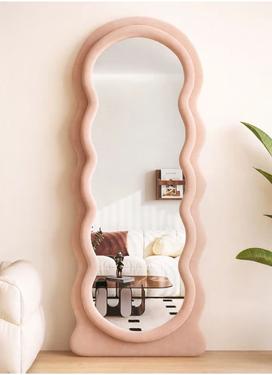 Wave Shape Full-Length Floor Mirror With Velvet Frame (H160 x W45)cm -Pink