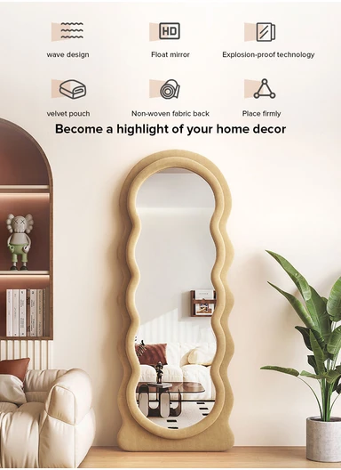 Wave Shape Full-Length Floor Mirror With Velvet Frame (H160 x W45)cm -White