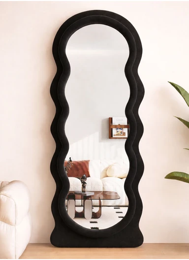 Wave Shape Full-Length Floor Mirror With Velvet Frame (H160 x W45)cm -Black