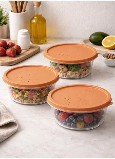 3 Pcs Small Stackable Food Storage Box Set, Microwave, Freezer &amp; Dishwasher Safe Round Food Containers 129-DM-136 - Orange