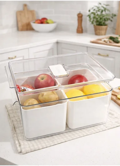 4-Compartment Refrigerator Storage Organizer Box (W21 x D30 x H15.5)cm - Off White
