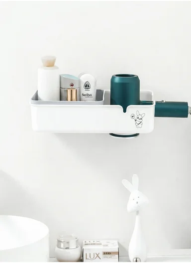 No-Drill Wall-Mounted Hair Dryer Rack with Accessory Holder Partition 462-SF-808 (W30 x D10 x H7)cm - White