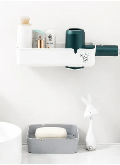 No-Drill Wall-Mounted Hair Dryer Rack with Accessory Holder Partition 462-SF-808 (W30 x D10 x H7)cm - White