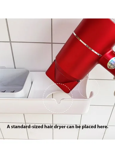 No-Drill Wall-Mounted Hair Dryer Rack with Accessory Holder Partition 462-SF-808 (W30 x D10 x H7)cm - White