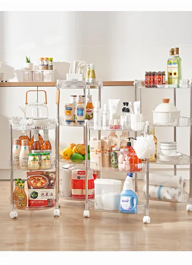 4-Layer Rolling Storage Rack with Wheels, Clear Multi-Purpose Organizer Cart (W 33.5 x H87.5)cm - Transparent