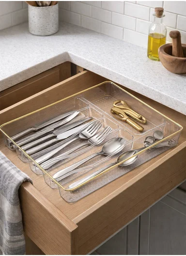 6 Compartments Kitchen Cutlery Organizer With Gold Edges (W38 x D31.5 x H4.5)cm 