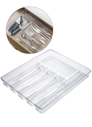 6 Compartments Kitchen Cutlery Organizer (W38 x D31.5 x H4.5)cm - Transparent