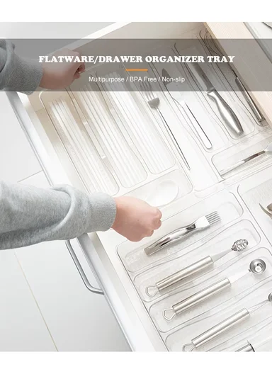 6 Compartments Kitchen Cutlery Organizer (W38 x D31.5 x H4.5)cm - Transparent