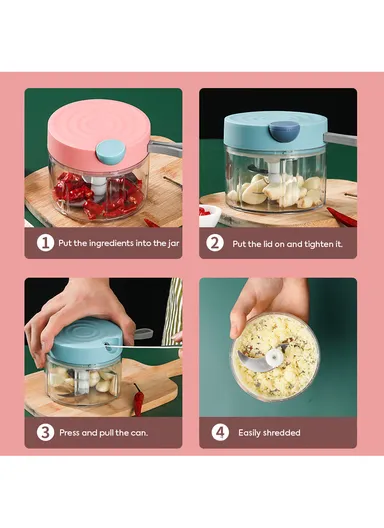 380ML Manual Pull Food Chopper With Carry Handle &amp; Stainless Steel Blades XMD-C38 (D10 x H9)cm - Blue