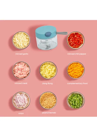 380ML Manual Pull Food Chopper With Carry Handle &amp; Stainless Steel Blades XMD-C38 (D10 x H9)cm - Blue