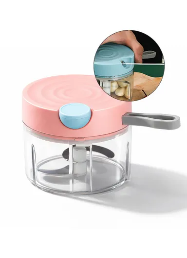 380ML Manual Pull Food Chopper With Carry Handle &amp; Stainless Steel Blades XMD-C38 (D10 x H9)cm - Pink