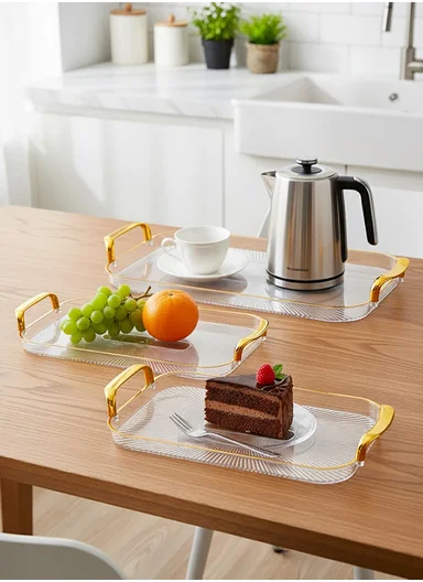 3-Piece Elegant Rectangular Serving Tray Set with Gold Handles, Transparent Plastic Snack &amp; Appetizer Trays