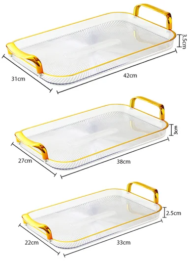 3-Piece Elegant Rectangular Serving Tray Set with Gold Handles, Transparent Plastic Snack &amp; Appetizer Trays
