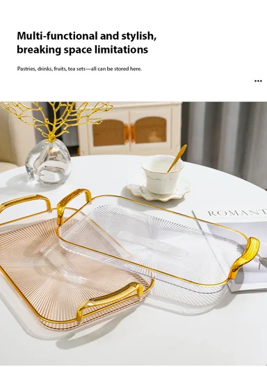 3-Piece Elegant Rectangular Serving Tray Set with Gold Handles, Transparent Plastic Snack &amp; Appetizer Trays