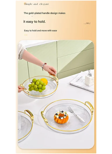 3-Piece Elegant Rectangular Serving Tray Set with Gold Handles, Transparent Plastic Snack &amp; Appetizer Trays