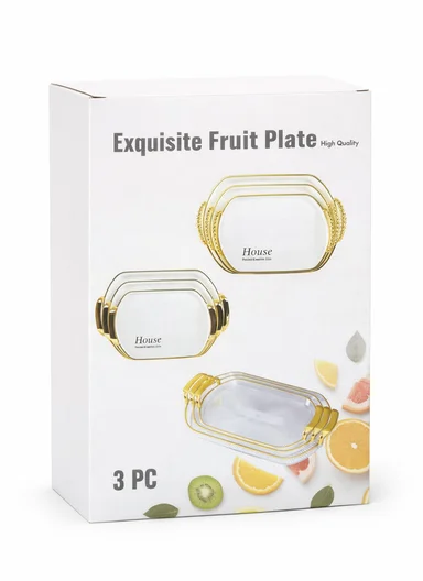 3-Piece Elegant Rectangular Serving Tray Set with Gold Handles, Transparent Plastic Snack &amp; Appetizer Trays