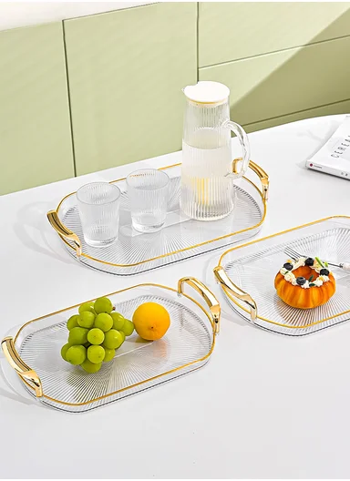 3-Piece Elegant Oval Serving Tray Set with Gold Handles, Transparent Plastic Snack &amp; Appetizer Trays