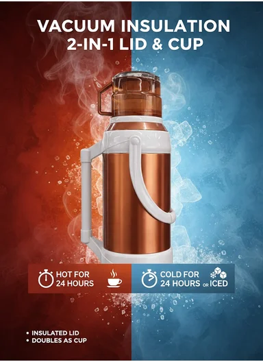 3.2L Large Capacity Vacuum Flask with Easy-Press Lid and Portable Handle (D16 x H43)cm - Fuchsia