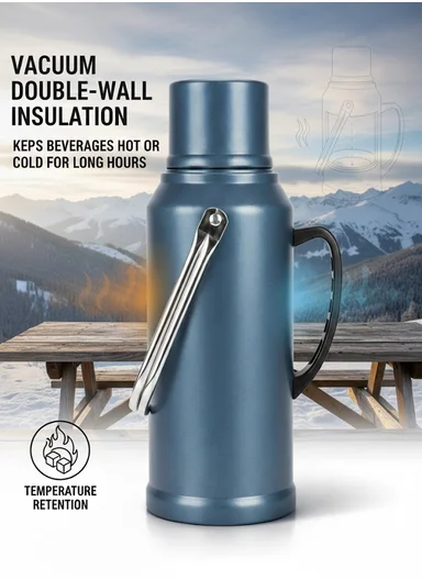 2.0L Stainless Steel Vacuum Thermos Flask With Plastic Cup &amp; Handle (D14 x H38)cm - Greige