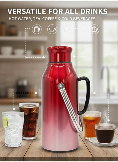 2.0L All-Steel Vacuum Thermos Flask With Plastic Cup &amp; Handle (D14 x H38)cm - Red