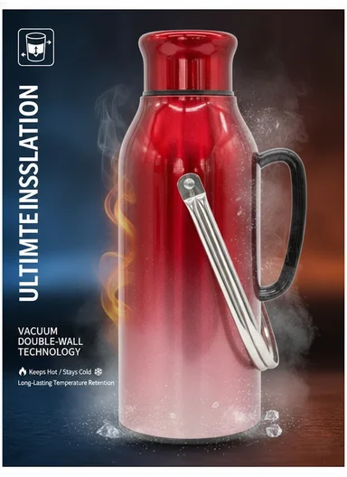 2.0L All-Steel Vacuum Thermos Flask With Plastic Cup &amp; Handle (D14 x H38)cm - Fuchsia