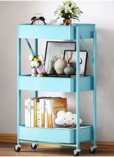 3-Layer Portable Folding Carbon Steel Storage Rack with Non-Slip Feet (W45.5 x D29 x H73)cm - Blue