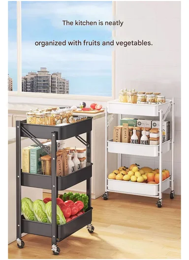 3-Layer Portable Folding Carbon Steel Storage Rack with Non-Slip Feet (W45.5 x D29 x H73)cm - Blue