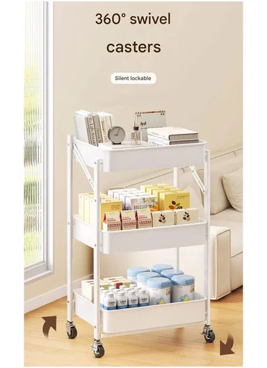 3-Layer Portable Folding Carbon Steel Storage Rack with Non-Slip Feet (W45.5 x D29 x H73)cm - Blue