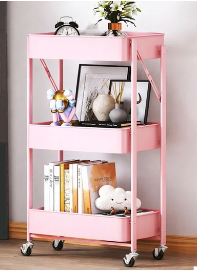 3-Layer Portable Folding Carbon Steel Storage Rack with Non-Slip Feet (W45.5 x D29 x H73)cm - Pink