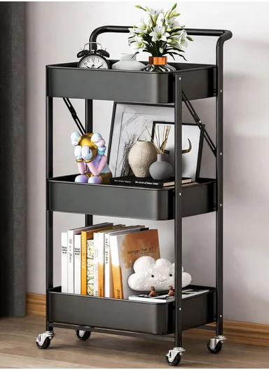 3-Layer Carbon Steel Foldable Organizer Rack with Top Handle &amp; 360° Swivel Wheels (W45 x D29 x H77.5)cm - Black