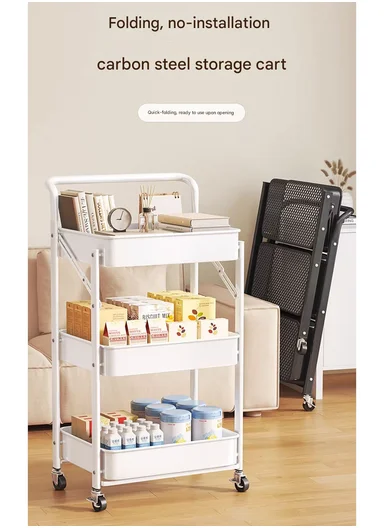 3-Layer Carbon Steel Foldable Organizer Rack with Top Handle &amp; 360° Swivel Wheels (W45 x D29 x H77.5)cm - Black