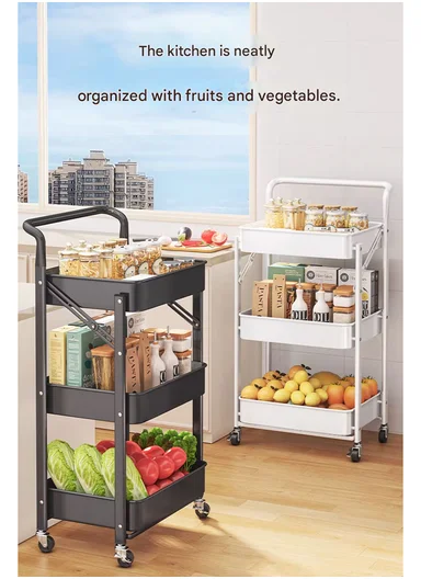 3-Layer Carbon Steel Foldable Organizer Rack with Top Handle &amp; 360° Swivel Wheels (W45 x D29 x H77.5)cm - Black