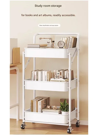 3-Layer Carbon Steel Foldable Organizer Rack with Top Handle &amp; 360° Swivel Wheels (W45 x D29 x H77.5)cm - Black