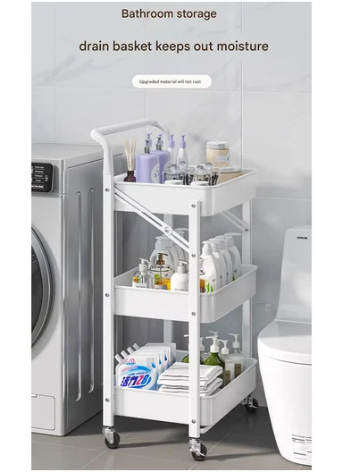 3-Layer Carbon Steel Foldable Organizer Rack with Top Handle &amp; 360° Swivel Wheels (W45 x D29 x H77.5)cm - Black