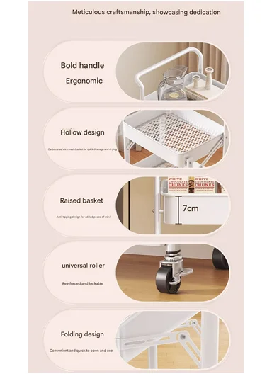 3-Layer Carbon Steel Foldable Organizer Rack with Top Handle &amp; 360° Swivel Wheels (W45 x D29 x H77.5)cm - Black