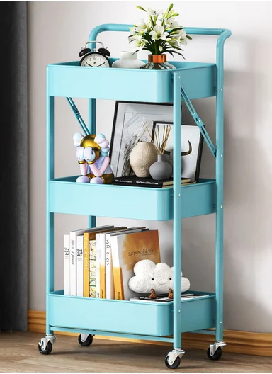 3-Layer Carbon Steel Foldable Organizer Rack with Top Handle &amp; 360° Swivel Wheels (W45 x D29 x H77.5)cm - Blue