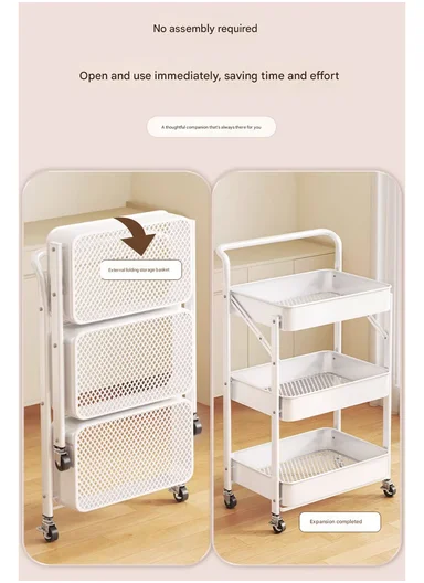 3-Layer Carbon Steel Foldable Organizer Rack with Top Handle &amp; 360° Swivel Wheels (W45 x D29 x H77.5)cm - Blue